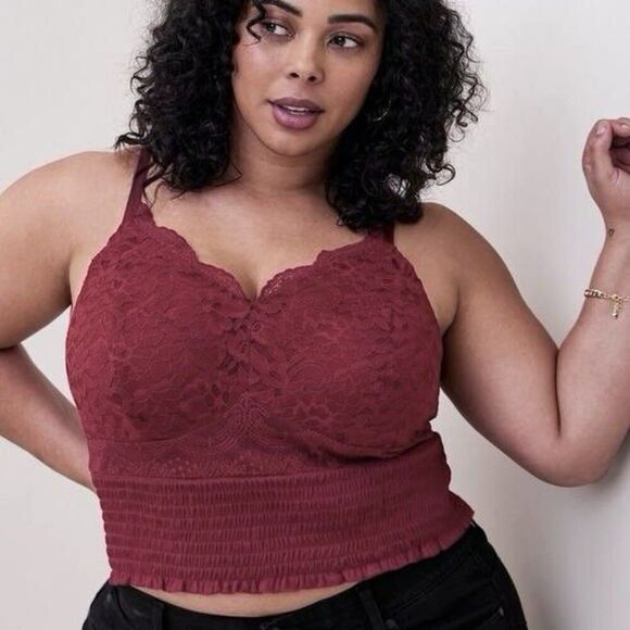 Torrid Lace Smocked Crop Babydoll Tank Top Size 1X Dark Red Whimsigoth Grunge - Picture 1 of 8